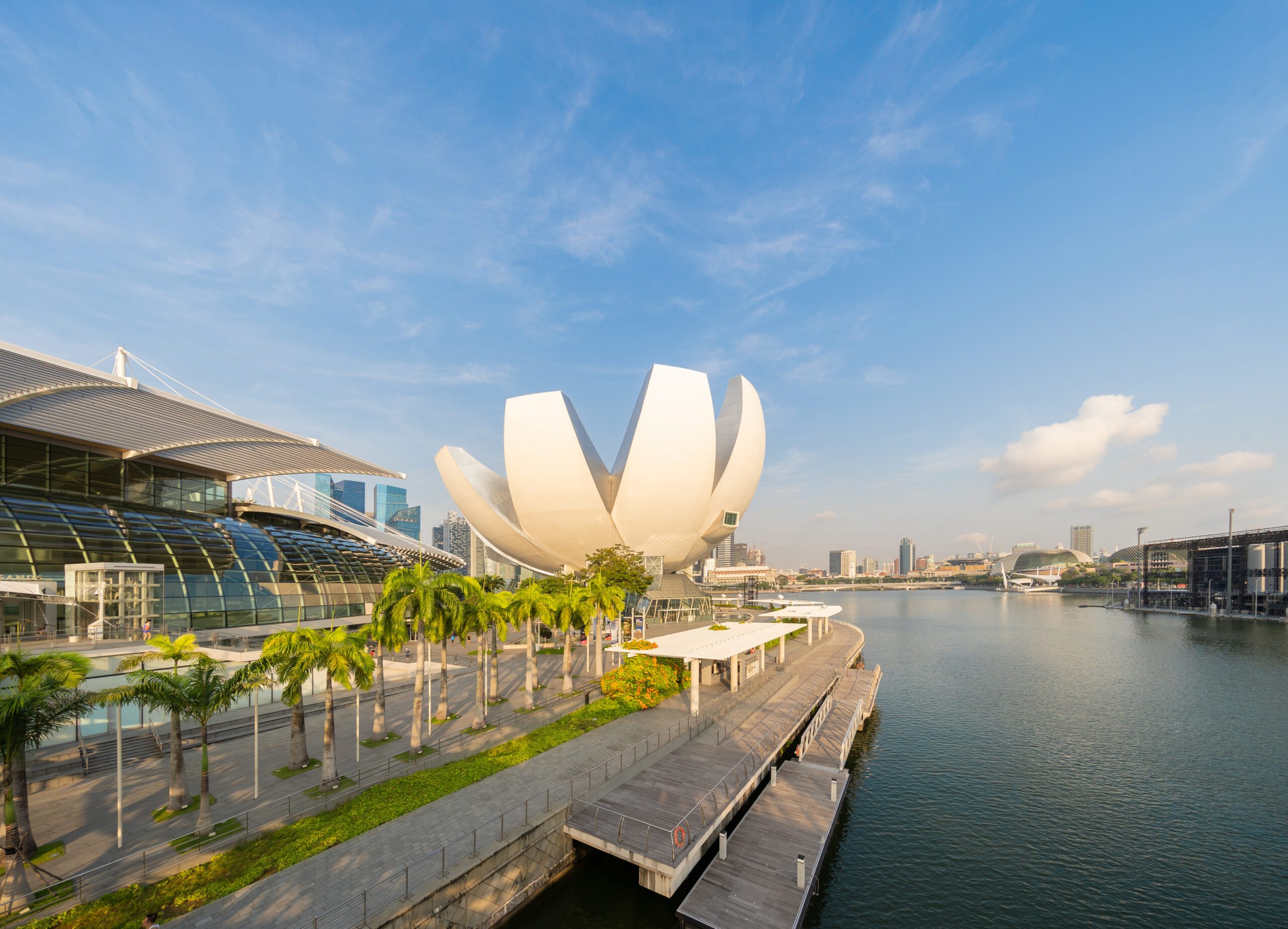 ArtScience Museum and Marina Bay with blue sky at noon in Singapore City